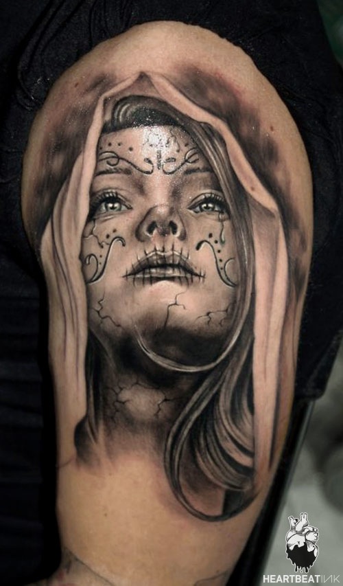 Impressive Grey Catrina Head Tattoo On Left Half Sleeve