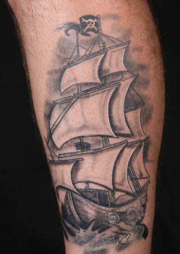 Impressive Pirate Ship Tattoo On Leg