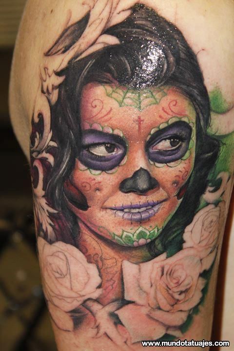 Impressive Portrait Of Catrina Tattoo On Right Half Sleeve
