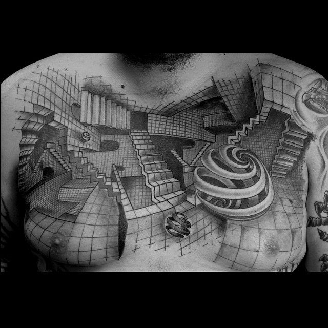 Incredible Escher Stairs Tattoo On Chest For Men