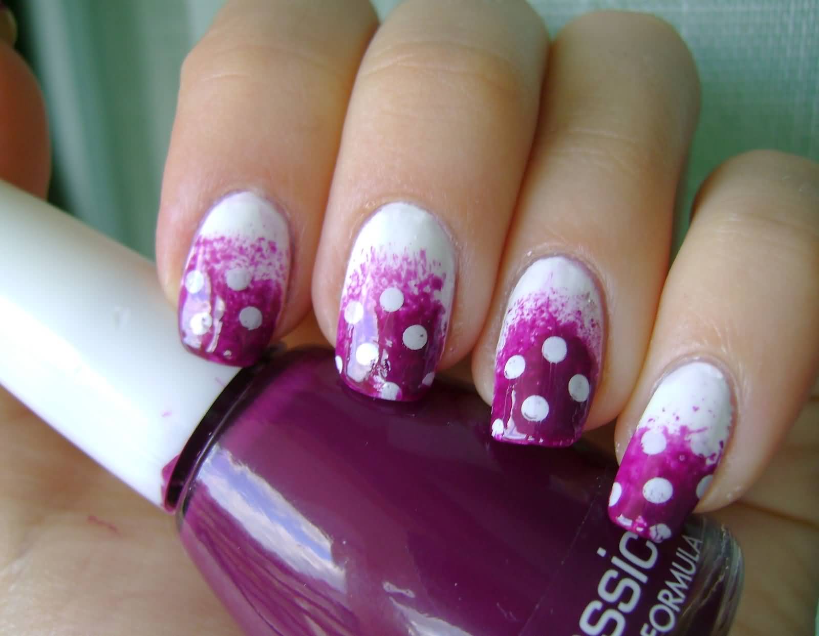 Incredible Purple Nails With White Polka Dots Nail Art