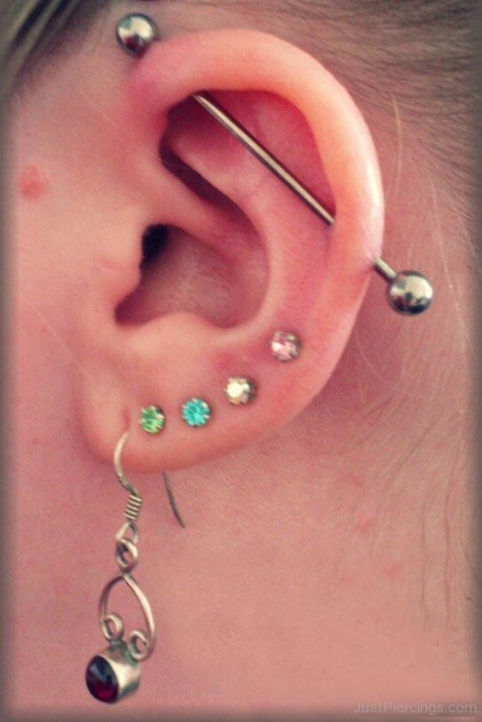 Industrial And Earlobe Piercing With Color Studs