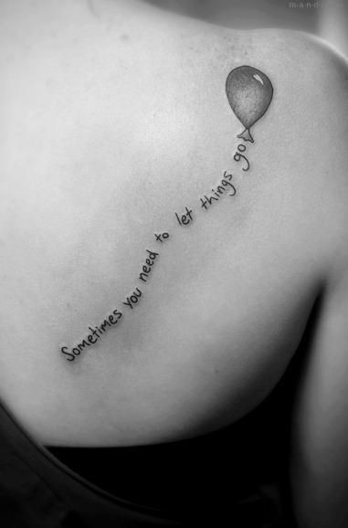 Inspiring Strength Quote With Balloon Tattoo On Right Back Shoulder For Women