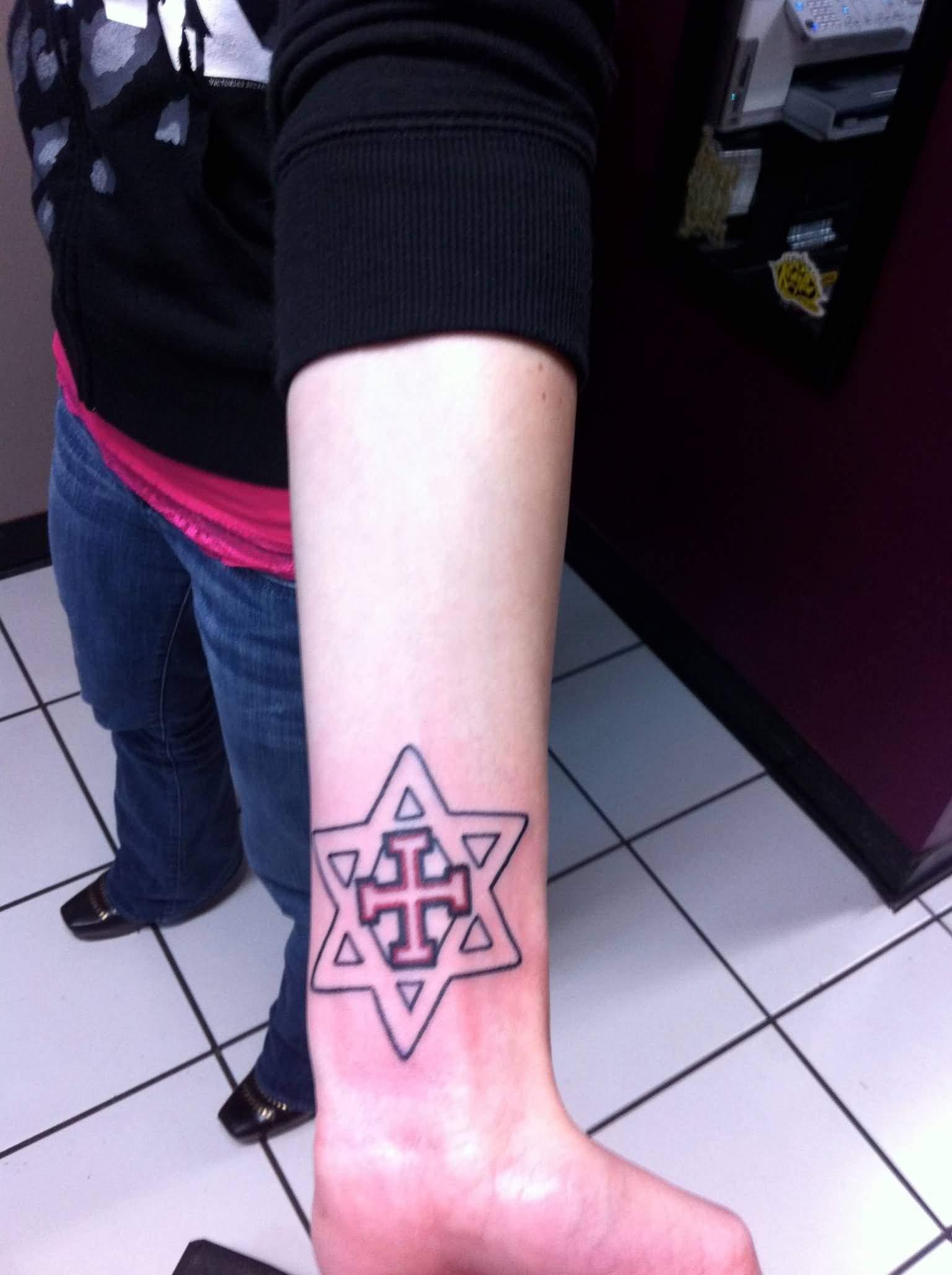 Jerusalem Cross And David Star Forearm Tattoo By Rico