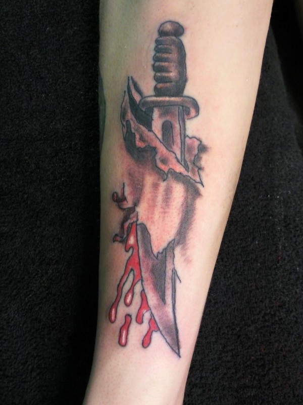 Knife Ripped Skin Weapons Tattoo On Arm Sleeve