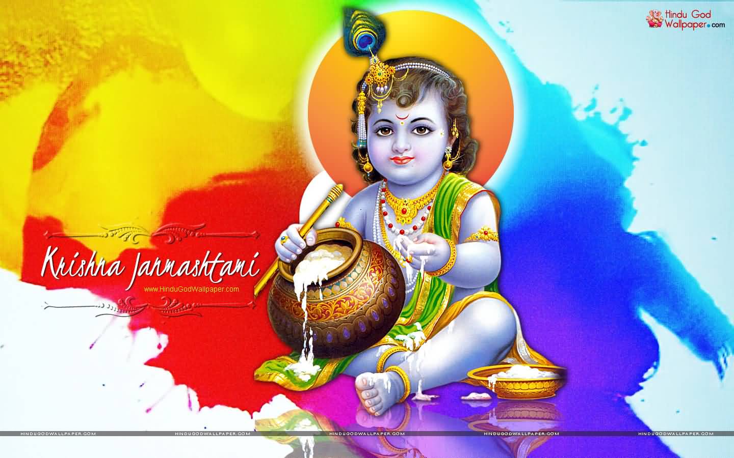 Krishna Janmashtami Colorful Background And Bal Krishna Picture