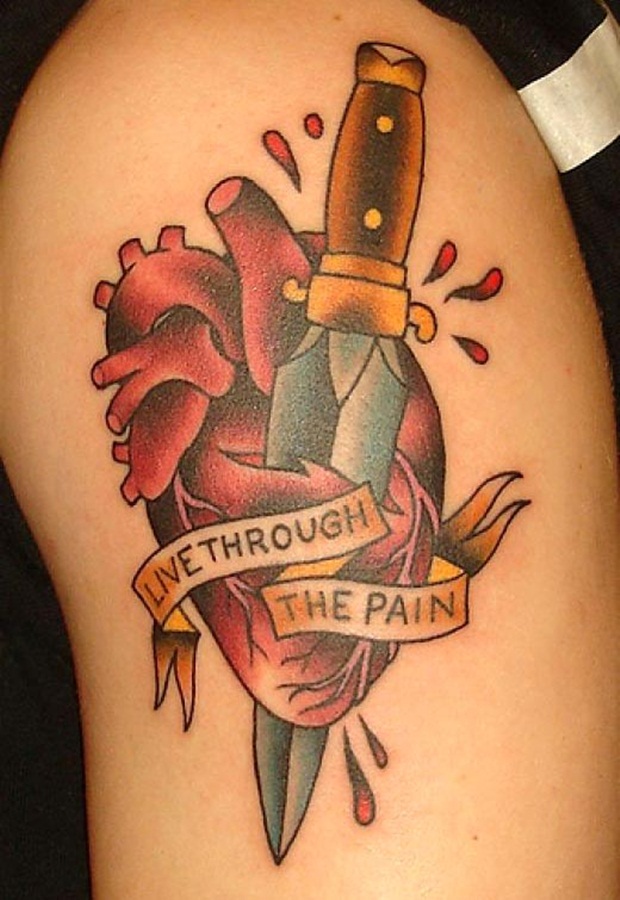 Live Through The Pain Heart With Dagger Weapons Tattoo