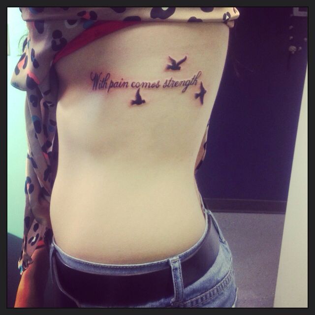 Lovely Birds And Strength Quote Tattoo On Side Rib