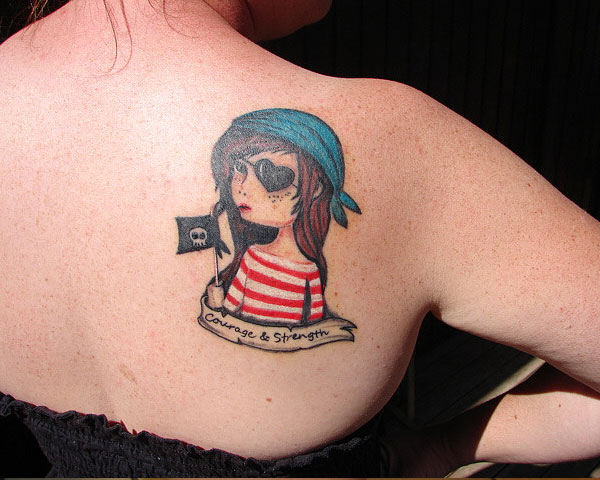 Lovely Courage And Strength Pirate Girl Tattoo On Right Back Shoulder