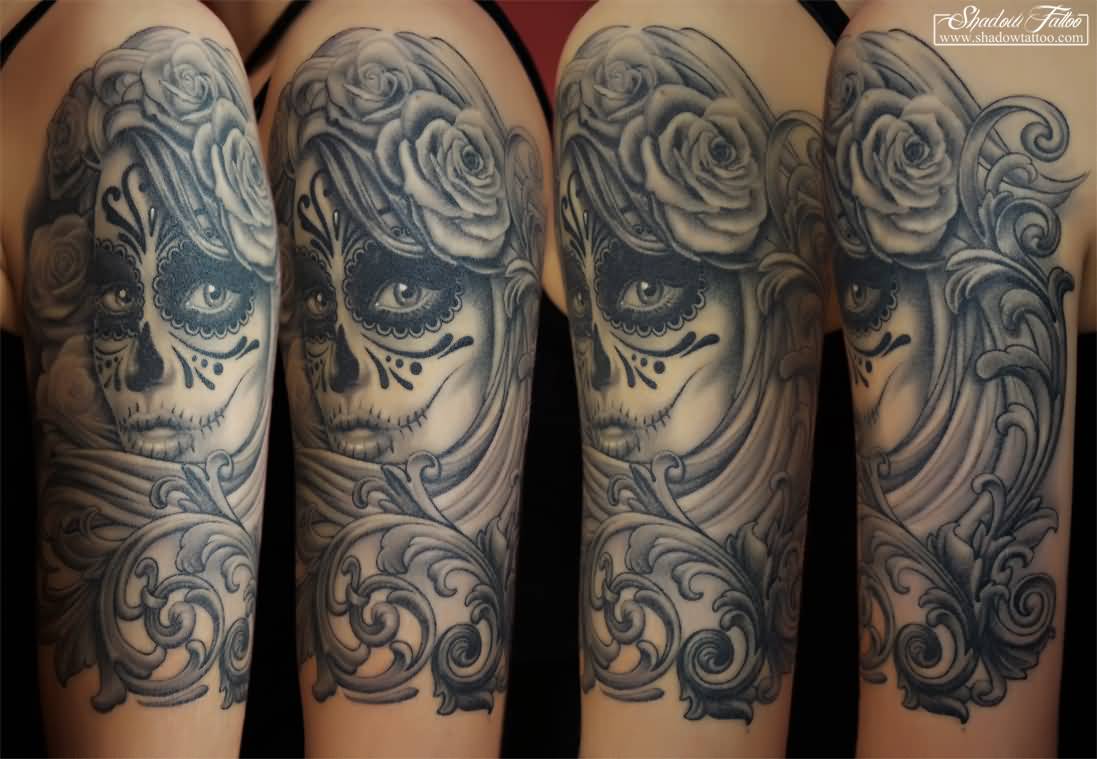Lovely Grey Day Of The Dead Catrina Tattoo On Half Sleeve