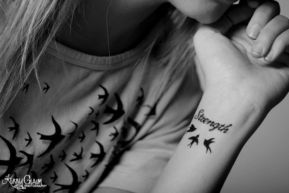 Lovely Strength With Birds Tattoo On Wrist For Girls