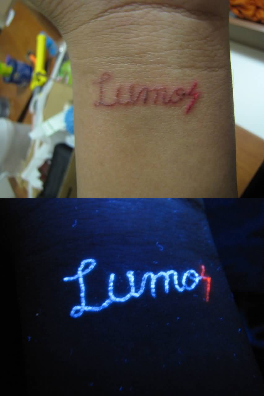 Lumos In Daylight And UV Light Tattoo On Wrist