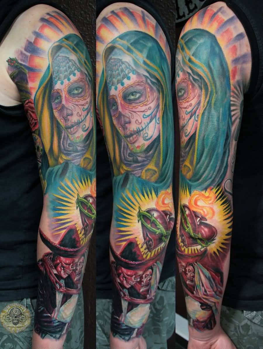 Magnificent Catrina And Heart Tattoo On Left Full Sleeve