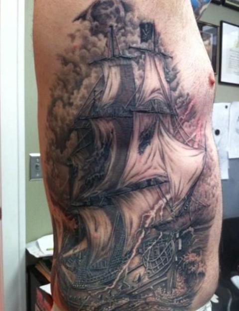 Magnificent Pirate Ship Tattoo On Side Rib