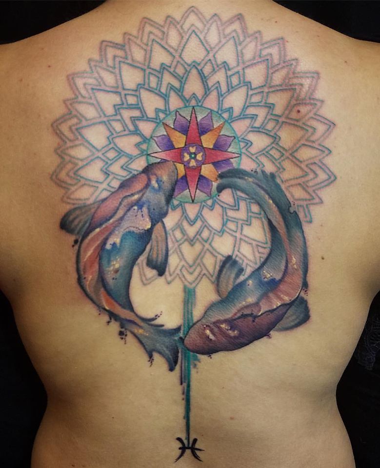 Mandala And Pisces Tattoo On Full Back by Melissa Fusco