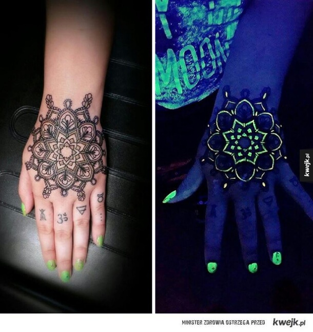 Mandala Flower Daylight And UV Light Tattoo On Hand For Girls