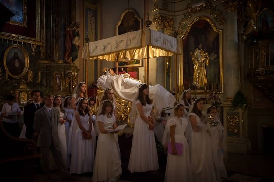 Mass Celebration Of Feast Of Assumption Of Mary Inside A Church