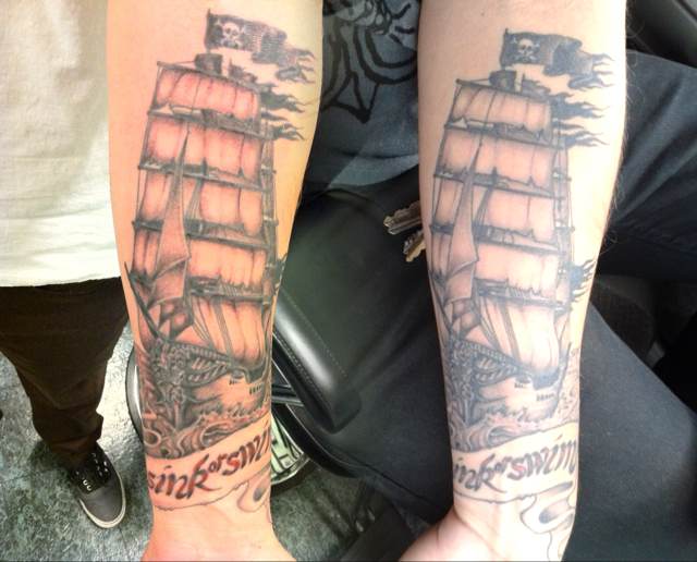 Matching Pirate Ship Tattoos On Forearm