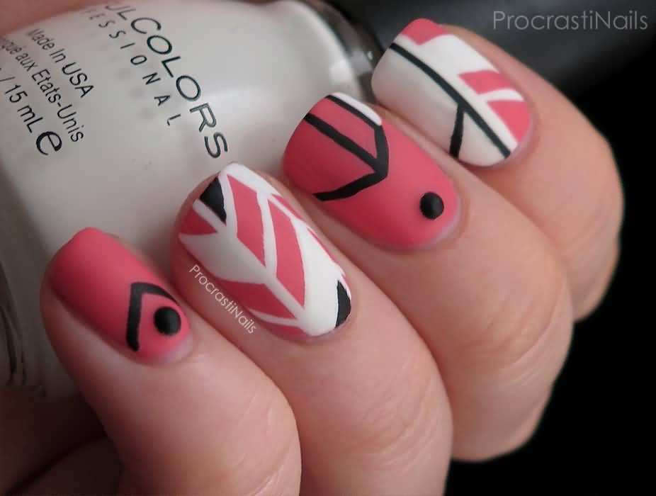 Matte Pink And White Geometric Pattern Nail Art