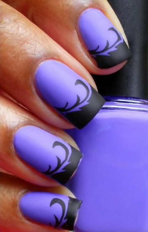 Matte Purple And Black Swirl Design Nail Art