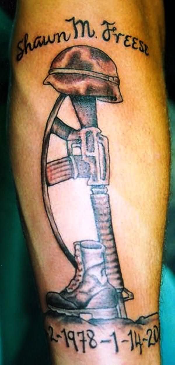 Memorial Army Weapons Tattoo On Arm