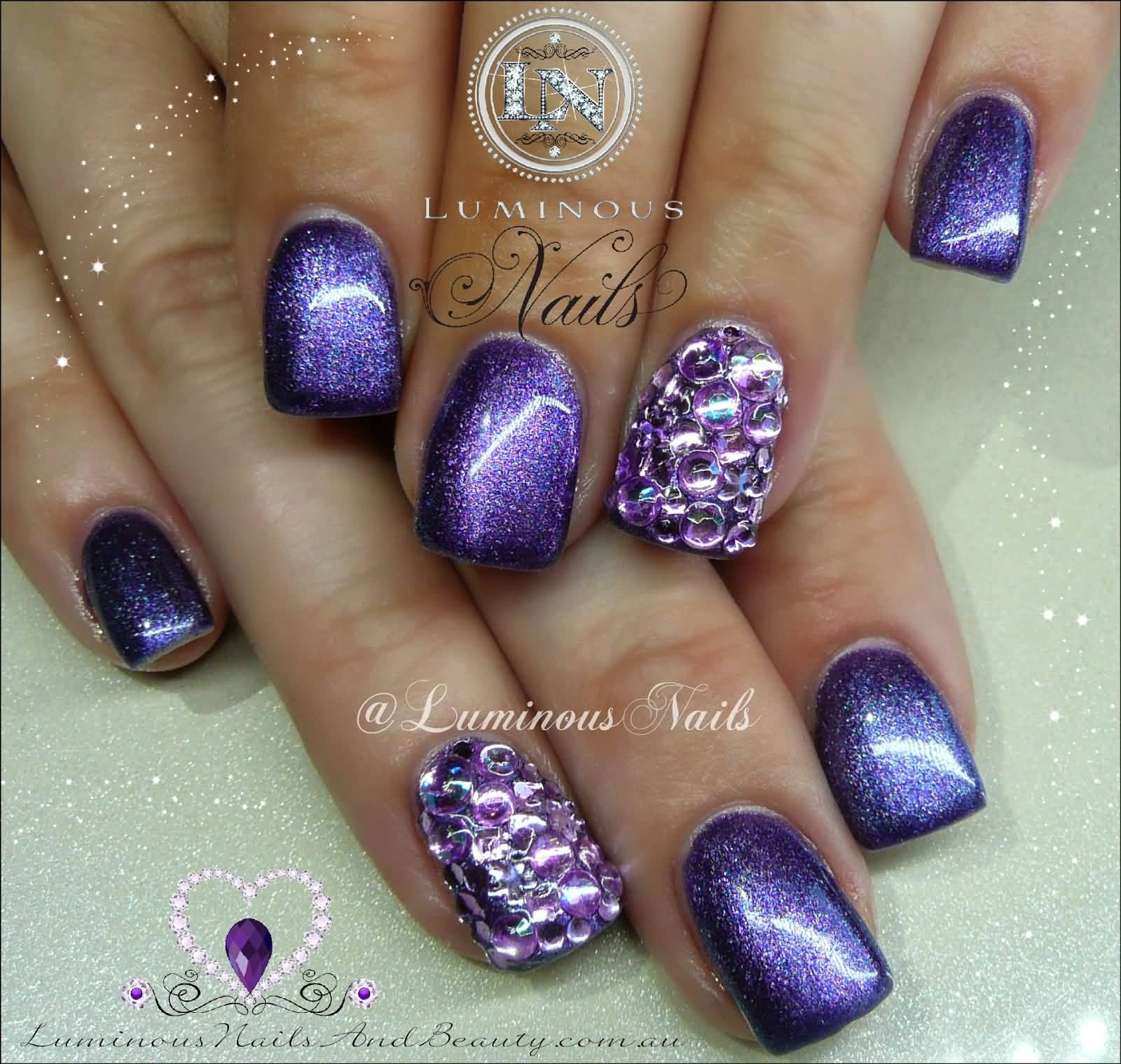 Metallic Purple Nails With Crystals Design Nail Art Idea