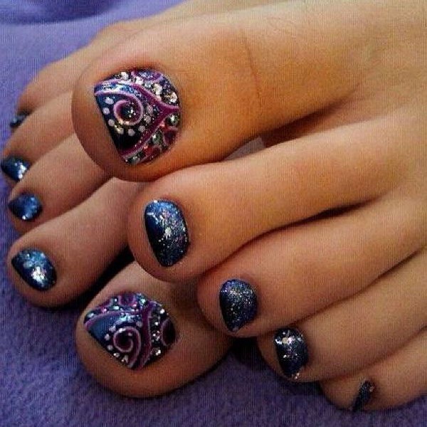 Navy Blue Toe Nails With Purple Swirls Design Nail Art
