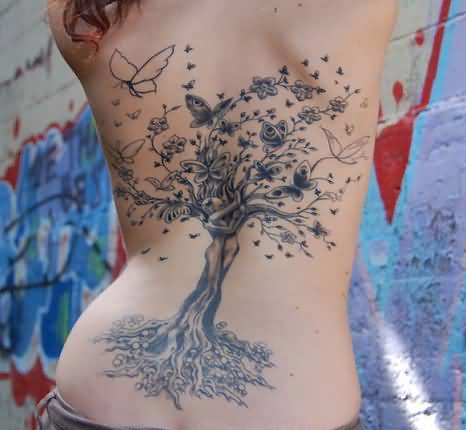 Nice Black And Grey Tree Of Life Tattoo On Back For Girls