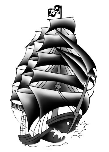 Nice Black Pirate Ship Tattoo Stencil