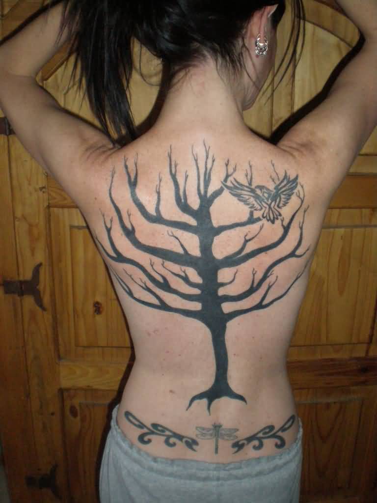 Nice Black Tree Of Life Tattoo On Full Back For Girls