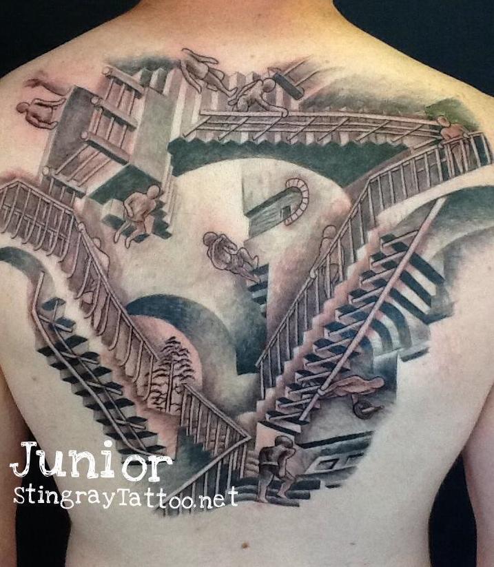 Nice Escher Stairs Tattoo On Upper Back By Junior