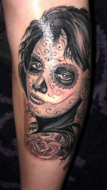 Nice Grey And Black Catrina Tattoo On Arm