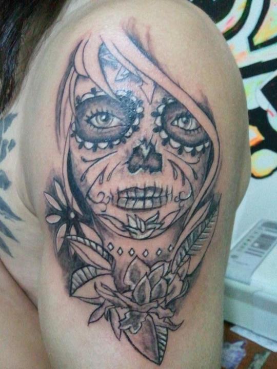 Nice Grey Catrina And Flower Tattoo On Half Sleeve