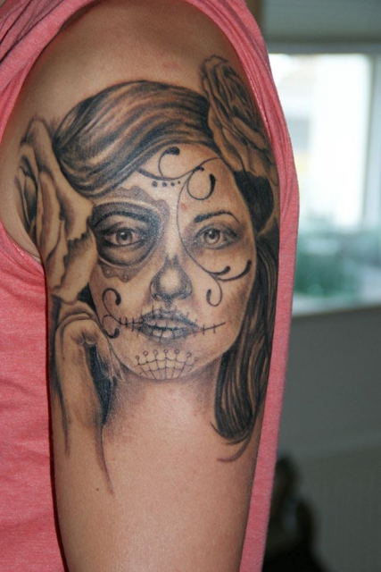 Nice Grey Catrina Tattoo On Left Half Sleeve