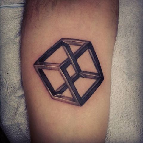 Nice Grey Escher Cube Tattoo On Arm