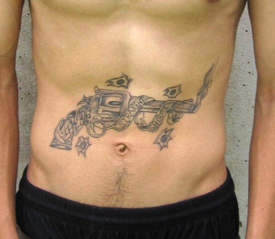 Nice Grey Gun Weapons Tattoo On Belly