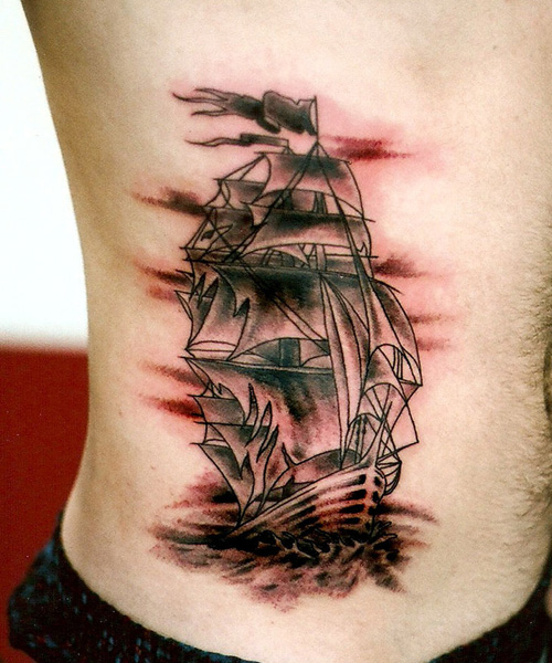 Nice Grey Pirate Ship Tattoo On Side Rib