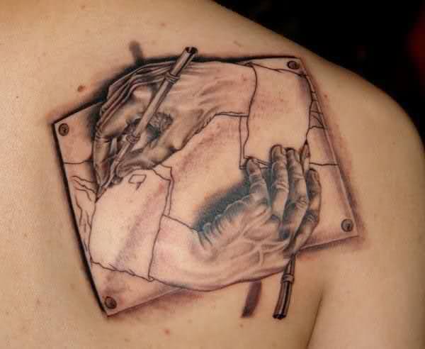 Nice Grey Realistic Hands Escher Tattoo On Shoulder
