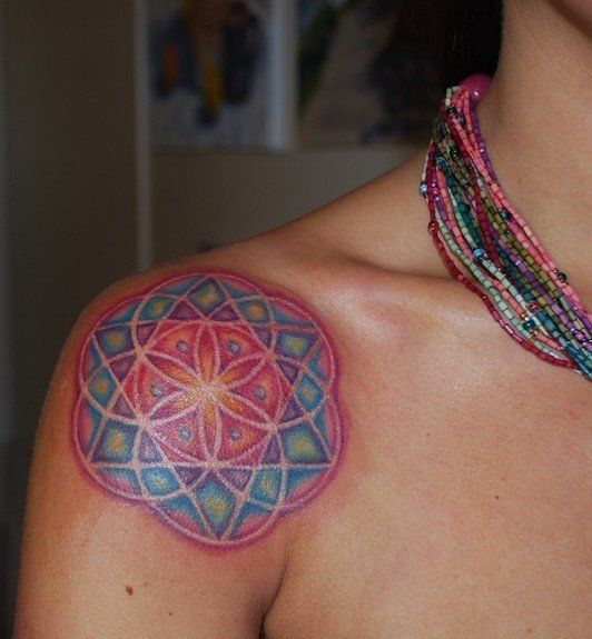 Nice Mandala Spiritual Tattoo On Upper Shoulder