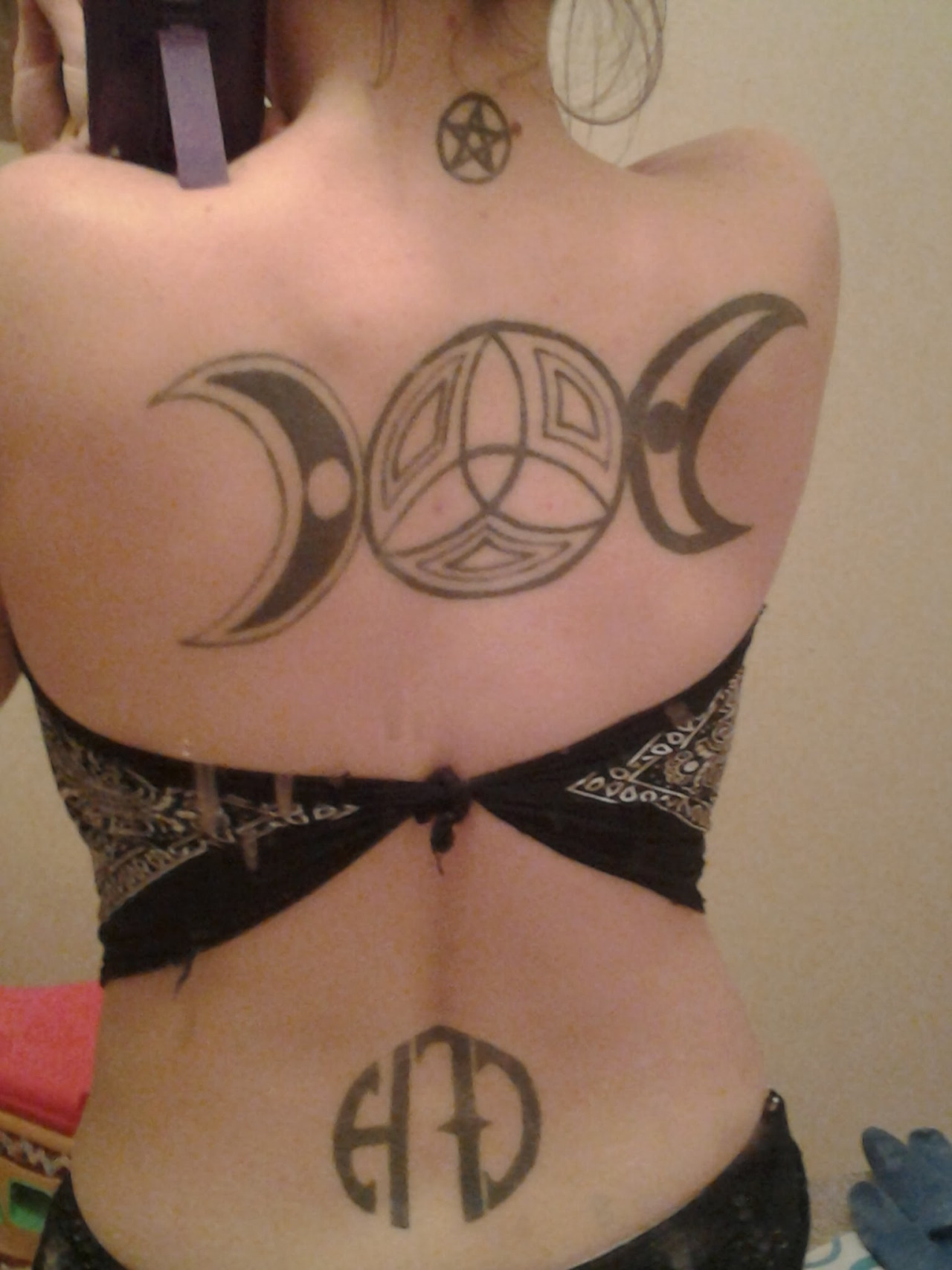 Nice Pagan Triple Goddess Tattoo On Back For Girls