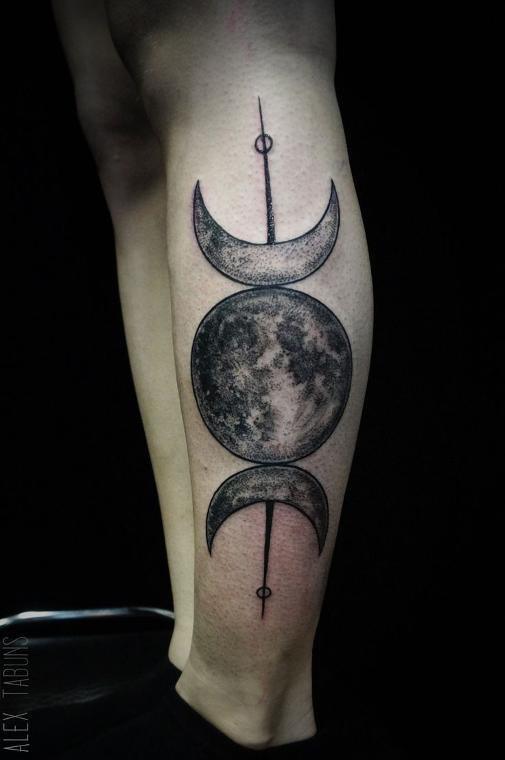Nice Pagan Triple Moon Tattoo On Left Leg