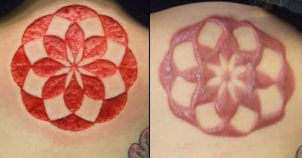 Nice Round Flower Before And After Scarification Tattoo