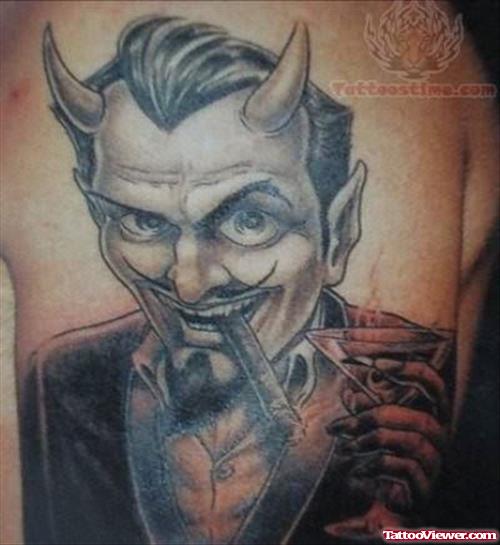 Nice Satan Smoking Tattoo On Left Half Sleeve