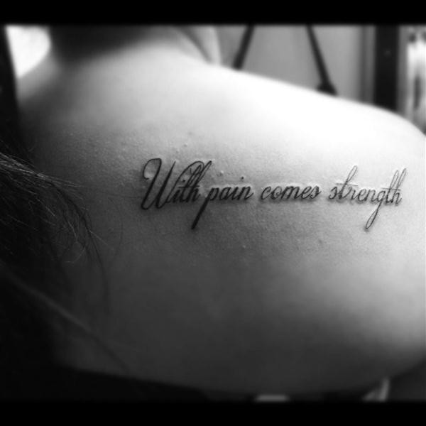 Nice Strength Quote Tattoo On Right Back Shoulder
