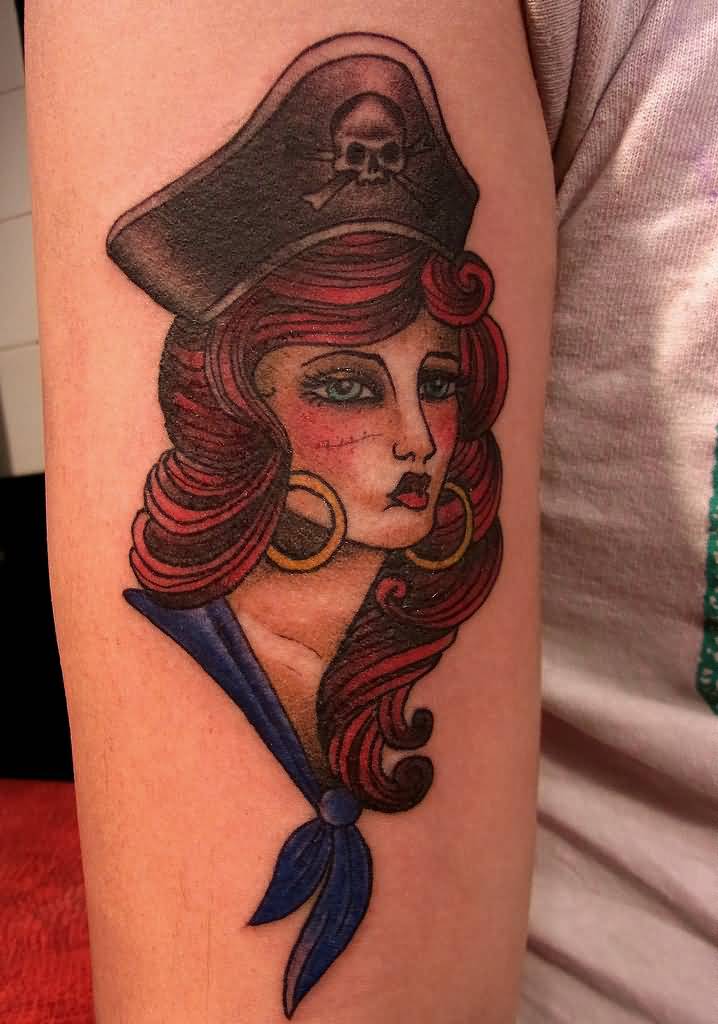 Nice Traditional Pirate Girl Head Tattoo On Half Sleeve By Molaire