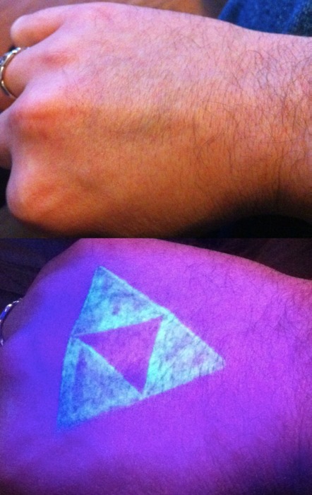 Nice Triforce Normal Light And Black Light UV Tattoo On Hand