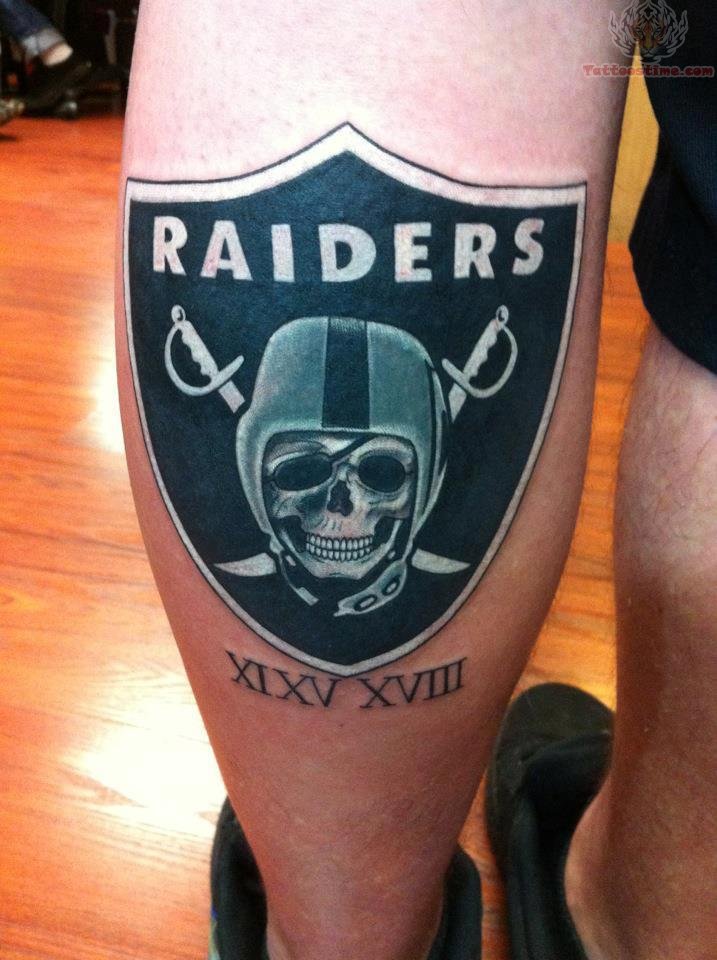 Oakland Raiders Logo And Roman Numerals Back Leg Tattoo