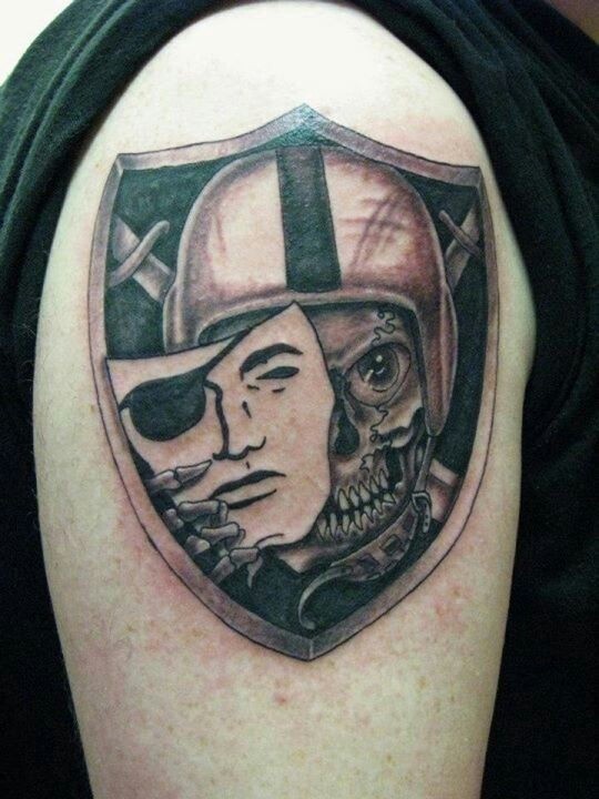 Oakland Raiders With Mask Logo Tattoo On Shoulder