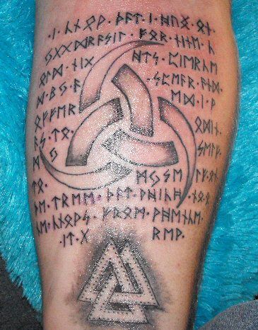 Odin Horns With Language Words And Interlocked Triangle Tattoo