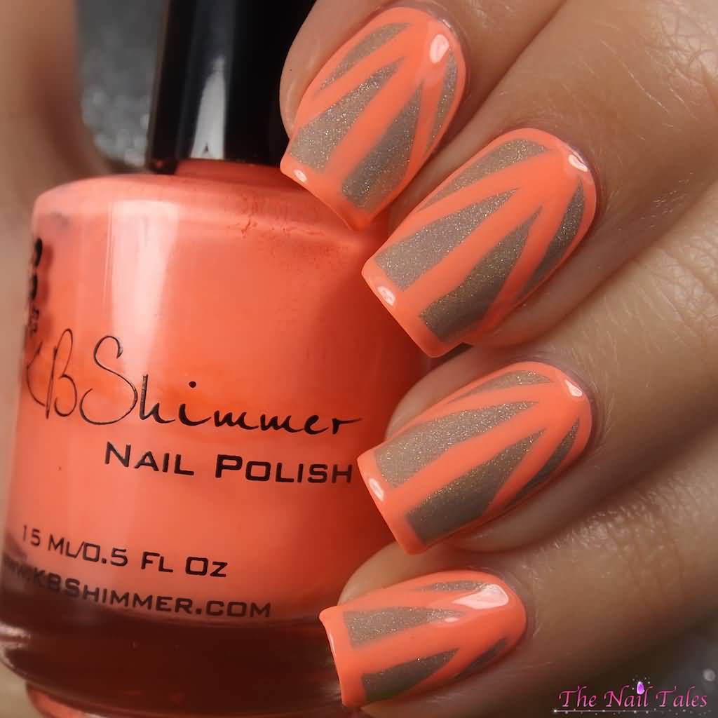 Orange Pastel Geometric Stripes Design Nail Art